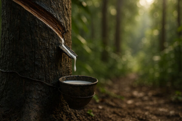 Ein Kautschukbaum im Wald wurde angeritzt, aus der Schnittstelle tropft weißer Naturlatex in ein Auffanggefäß.