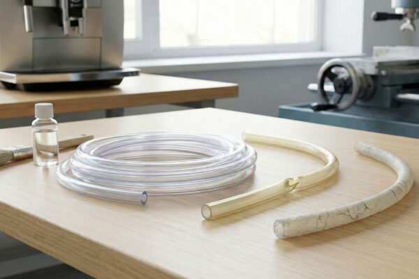 Vergleich verschiedener Silikonschläuche auf einer Werkbank: Eine neue Rolle klaren Schlauchs neben Reinigungsmitteln, ein vergilbtes und geknicktes Stück sowie ein alter, poröser und rissiger Schlauch. Im Hintergrund eine Kaffeemaschine und eine Industriemaschine.