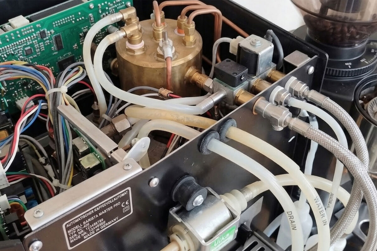 Draufsicht auf die Schläuche eines zerlegten Kaffeevollautomaten.