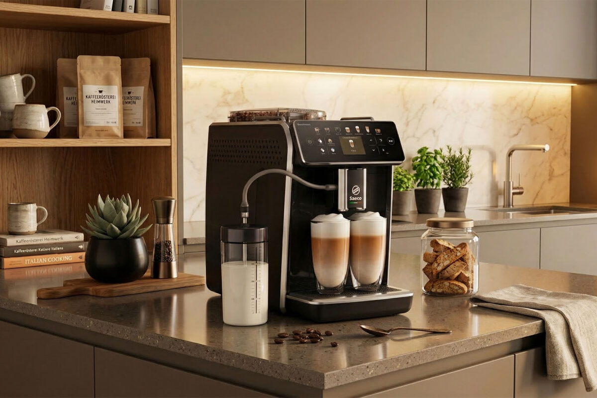 Espressomaschine in moderner Küche. Zwei Tassen unter der Maschine und eine Milchflasche mit Silikonschlauch zur Maschine